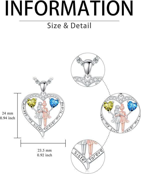 Always My Sister Forever My Friend Birthstone Pendant Necklace Women Jewelry Christmas Valentine Mothers Day Birthday Gifts for Women Sister From Sister