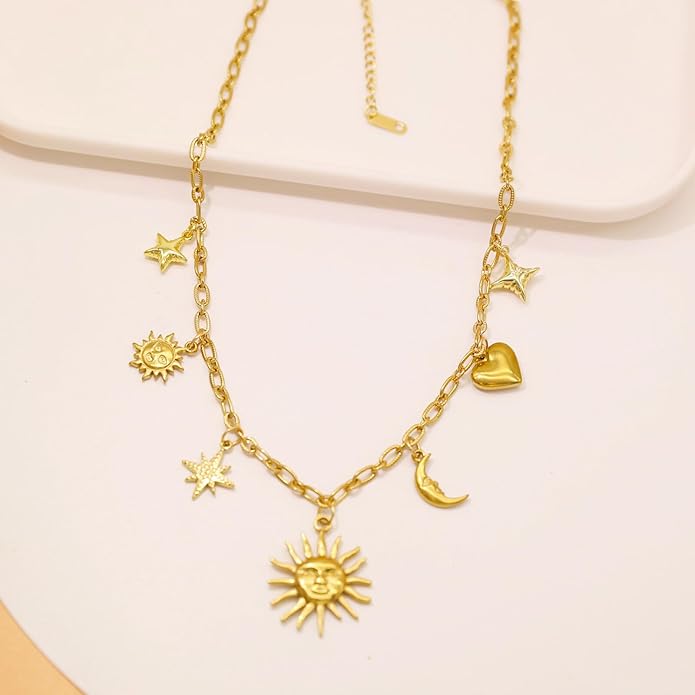 Chunky Retro Heart Necklace for Women Antique Layer Beach Ocean Moon Stars Western Boho Charm Necklaces Retro Link Chain Jewelry