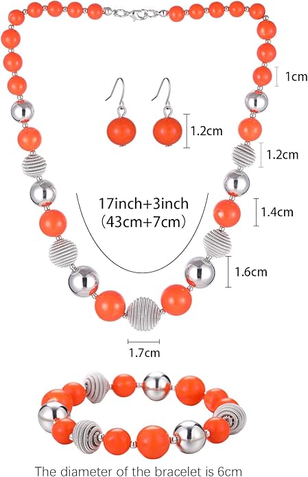 PEARL&CLUB Beaded Chunky Statement Necklace Earring and Bracelet Set Silver Metal Bead Fashion Jewelry Set Mothers’ Day Gifts for Women