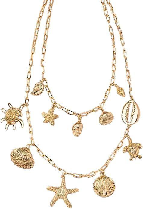 Gold Charm Necklaces for Women, 18K Gold Plated Bow Pendant Necklace Gold Heart Chain Aesthetic Star Jewelry