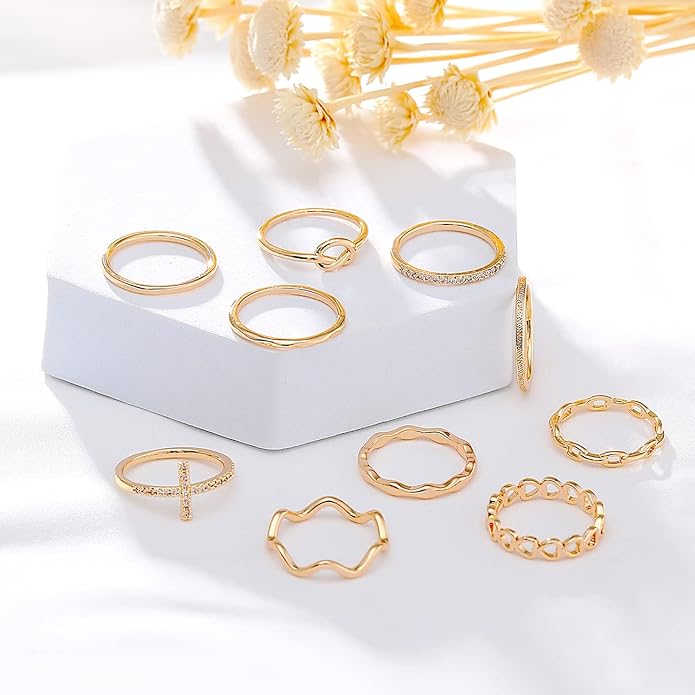 ZOERAY 10PCS 14K Gold Plated Stacking Rings for Women Thumb Stackable Knuckle Band Rings Plain Twist Thin Joint Finger Wedding Gold Ring Set for Women Size 4 to 11