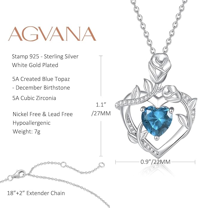AGVANA Rose Birthstone Necklace for Women Sterling Silver Rose Flower Heart Necklace Fine Jewelry Anniversary Birthday Gifts for Women Wife Mom Her, Length: 18"+2"