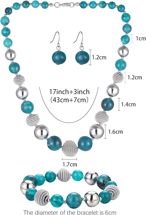 PEARL&CLUB Beaded Chunky Statement Necklace Earring and Bracelet Set Silver Metal Bead Fashion Jewelry Set Mothers’ Day Gifts for Women