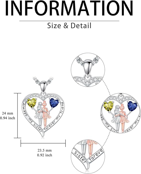 Always My Sister Forever My Friend Birthstone Pendant Necklace Women Jewelry Christmas Valentine Mothers Day Birthday Gifts for Women Sister From Sister