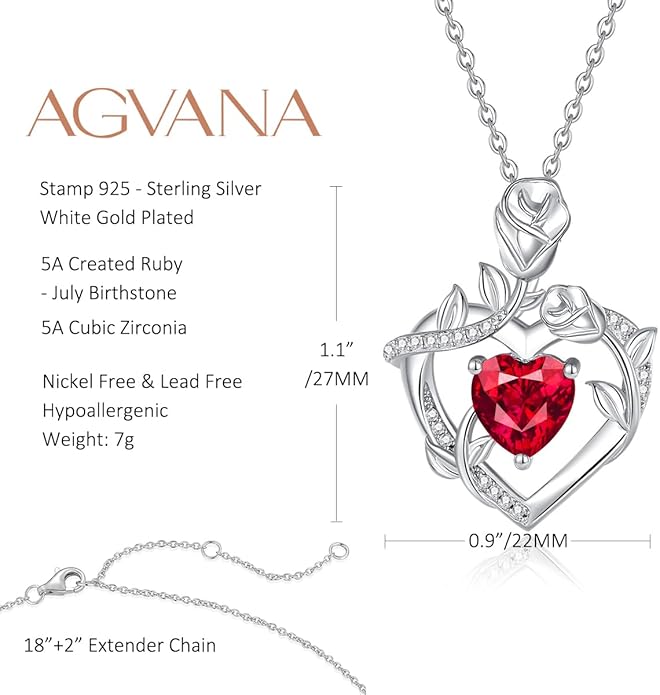 AGVANA Rose Birthstone Necklace for Women Sterling Silver Rose Flower Heart Necklace Fine Jewelry Anniversary Birthday Gifts for Women Wife Mom Her, Length: 18"+2"