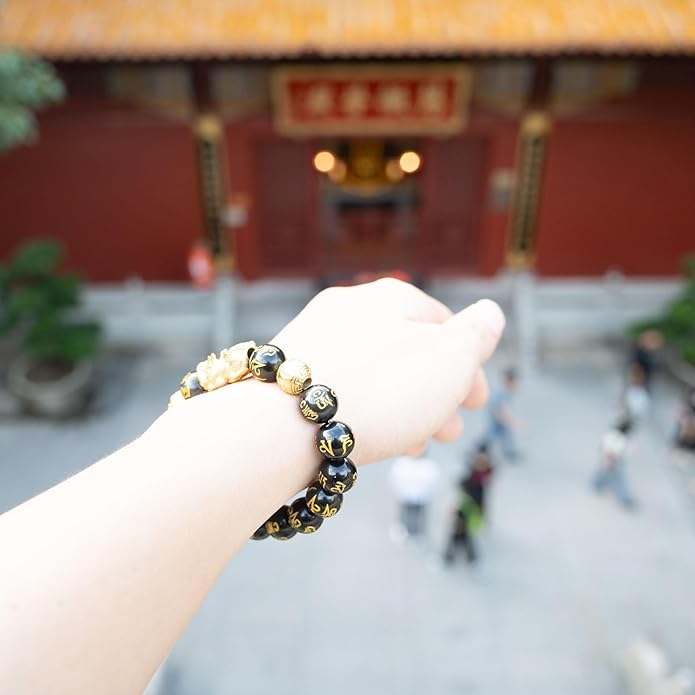 Feng Shui Bracelet 24K Gold Plated PiXiu Bracelet, Obsidian Dragon Protection Meditation Decompression Prayer Beads Lucky Wealth Bracelets for Men Women
