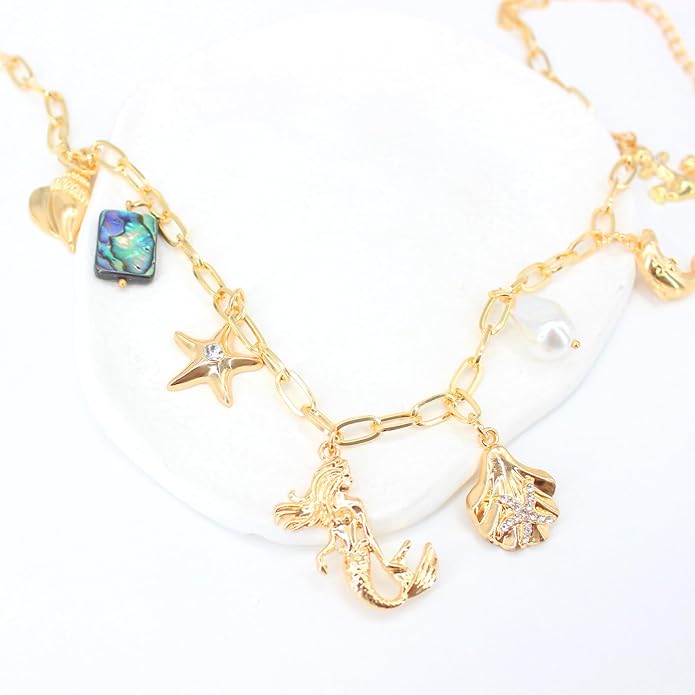 Gold Plated Paperclip Chain Beach Charm Necklace for Women Cute Shell Bow Dainty Beachy Starfish Pearl Seashell Strawberry Fruit Heart Mermaid Summer Jewelry Gift
