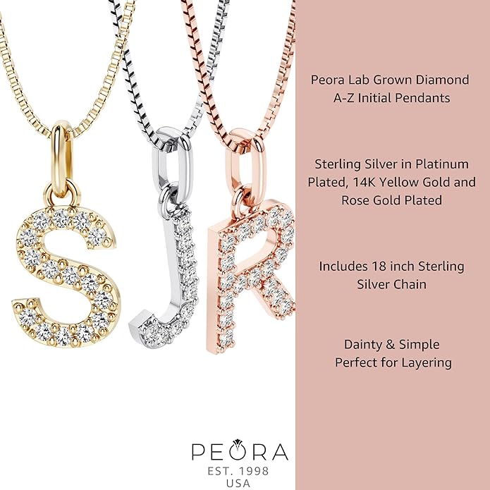 PEORA Letter A to Z Lab Grown Diamond Initial Pendant Necklace in Sterling Silver, F-G Color, VS Clarity, with 18 inch Chain