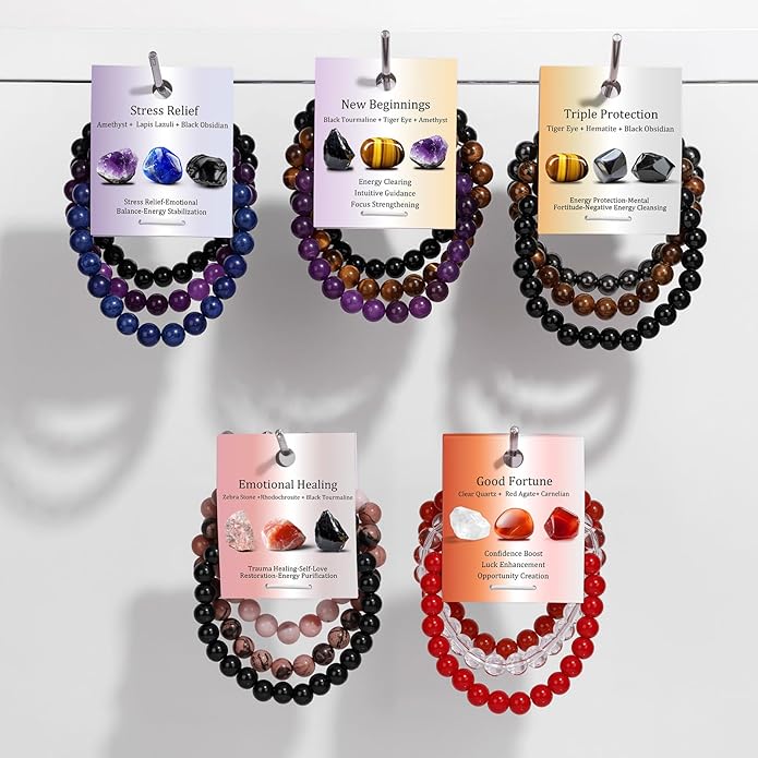 Healing Crystal Bracelets for Women Men 8mm Tiger Eye Hematite Black Obsidian Natural Stone Beaded Stretch Bracelet Triple Protection Handmade Gemstone Reiki Spiritual Jewelry Gifts