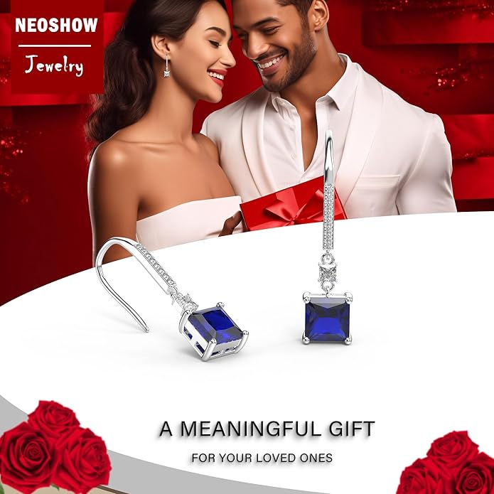 18K White Gold Plated Sterling Silver Square Princess Cut Cubic Zirconia Dangle Earrings for Women Square CZ Diamond Drop Dangling Earrings for Women Mom Hypoallergenic