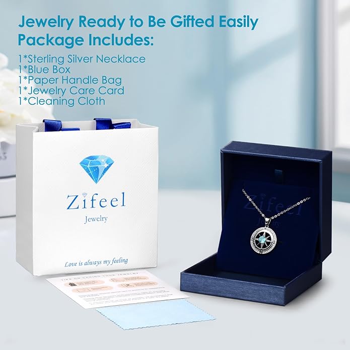 Compass Necklace Gifts for Women wife - S925 Sterling Silver Birthstone Necklaces for Women - Anniversary Birthday Gifts for Her Wife Girlfriend - Valentines Mom Mothers Day Christmas Gifts Jewelry for Women