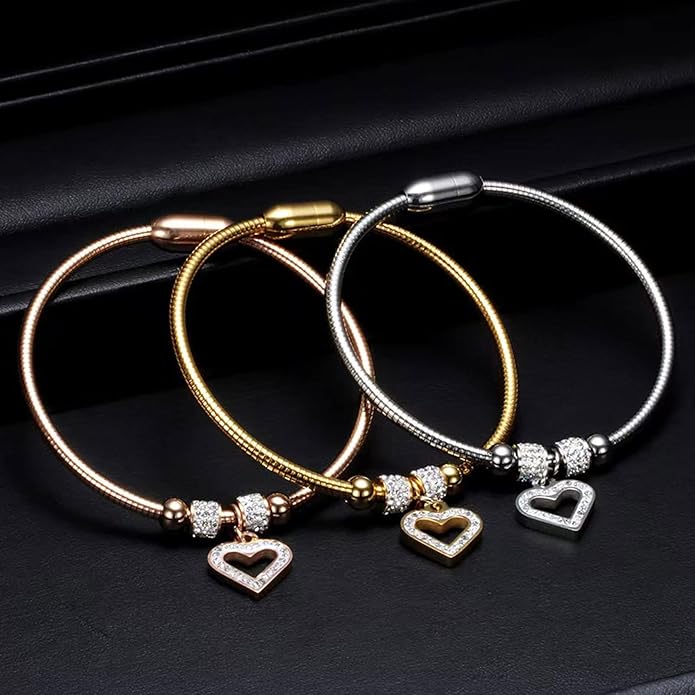 KunBead Heart Charm Birthday Bracelet Stainless Steel Love Bangle Cuff Jewelry Bracelets for Women