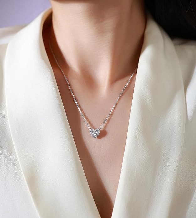 Sterling Silver Heart Cut Lab Grown Diamond Halo Pendant Necklace, Chain Included,ideal gift for anniversaries, birthdays, or any milestone celebration.