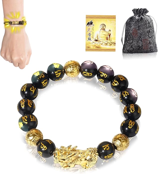 Feng Shui Bracelet 24K Gold Plated PiXiu Bracelet, Obsidian Dragon Protection Meditation Decompression Prayer Beads Lucky Wealth Bracelets for Men Women