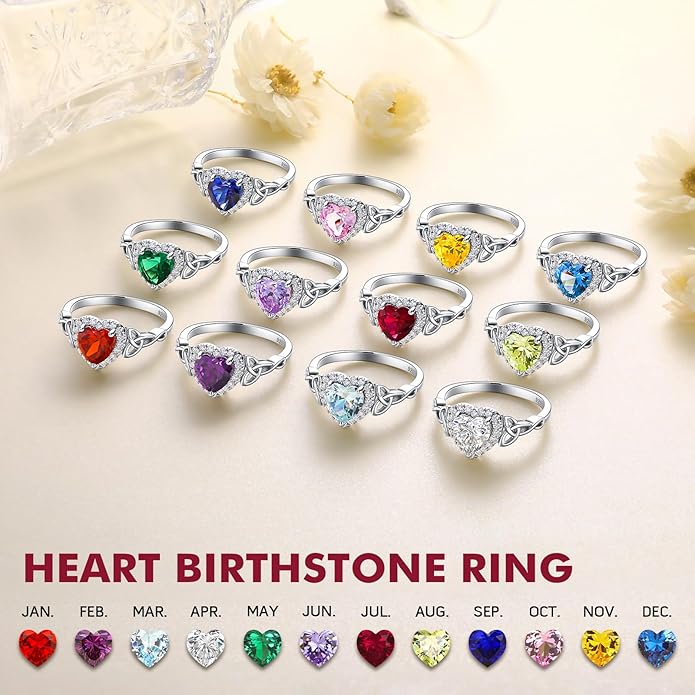 DAYBYDAY Celtic Birthstone Rings for Women 925 Sterling Silver Heart/Round/Pear/Oval Created Gemstone Moissanite Halo Engagement Promise Rings for Her Wife Birthday Anniversary Wedding Jewelry