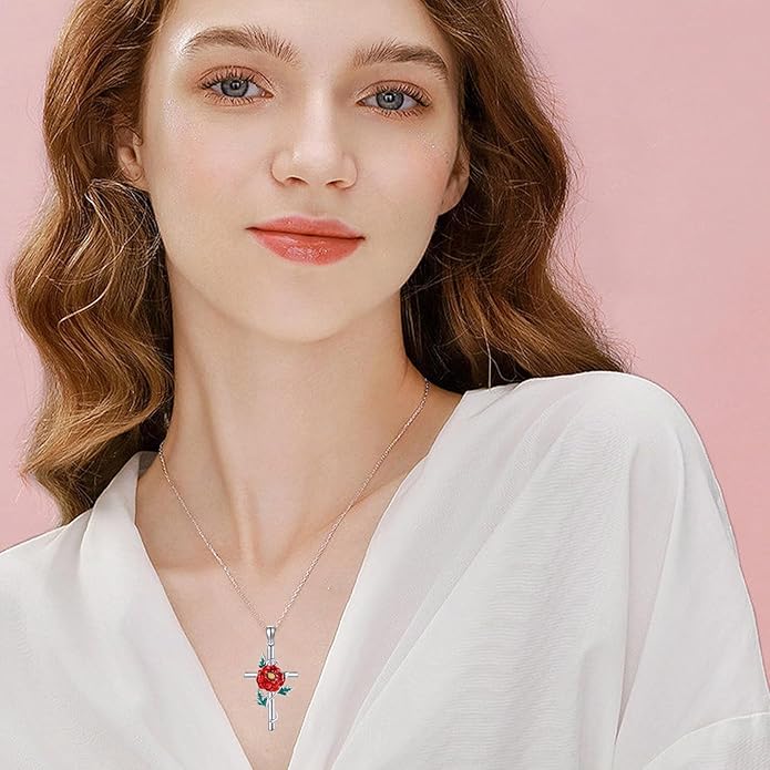 Flower Cross Necklace 925 Sterling Silver Carnation/Rose/Lily/Daisy Cross Necklace Birth Flower Jewelry for Women