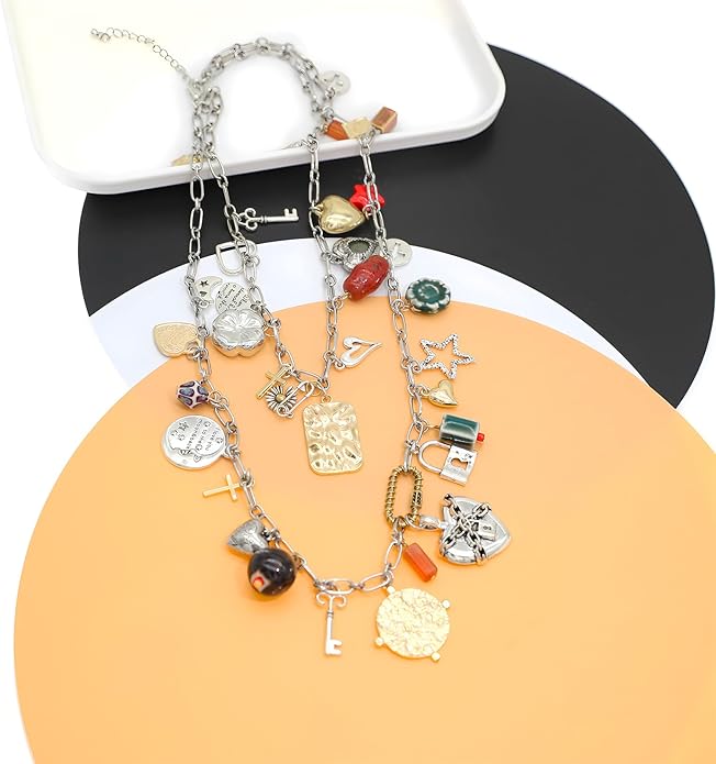 Chunky Retro Heart Necklace for Women Antique Layer Beach Ocean Moon Stars Western Boho Charm Necklaces Retro Link Chain Jewelry