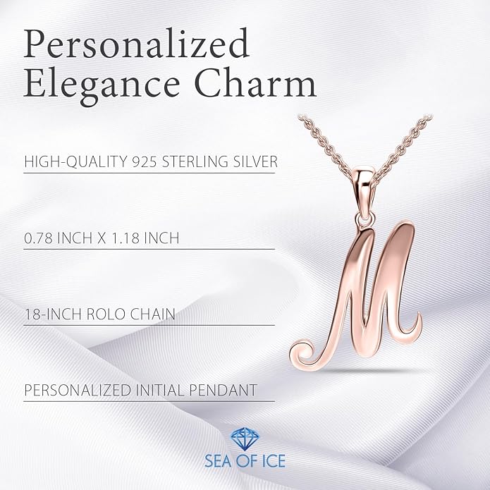 SEA OF ICE Letter Initial Necklace, Alphabet Letter Pendant Necklace, Sterling Silver, Gold, Rose Gold Necklace for Women, Elegant Initial Necklaces, Personalized Custom Women's Necklaces