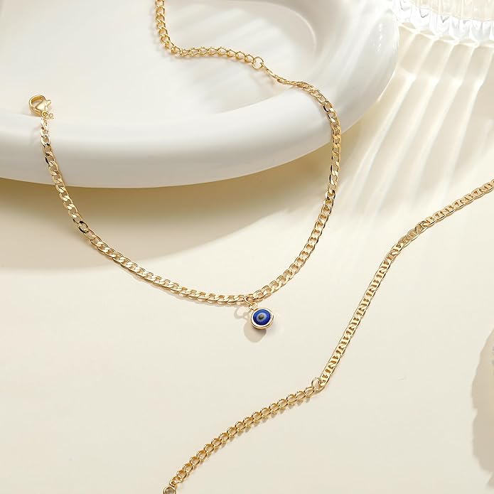 Ritach Ankle Bracelets for Women - Stainless Steel Silver/Gold Anklets for Women Waterproof Layered Cuban Link Figaro Chain Heart Anklets Set Summer Beach Jewelry Gifts