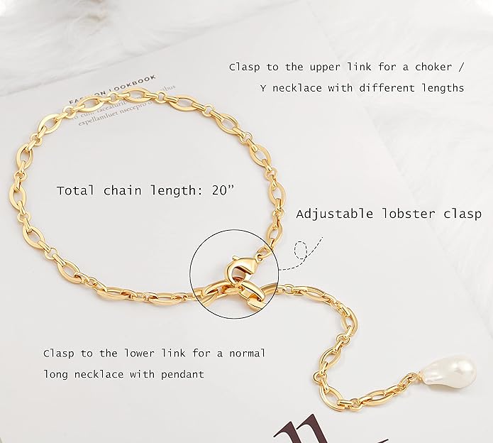 18k Gold Chain Link Necklace for Women, Baroque Pearl/Compass Pendant Necklace