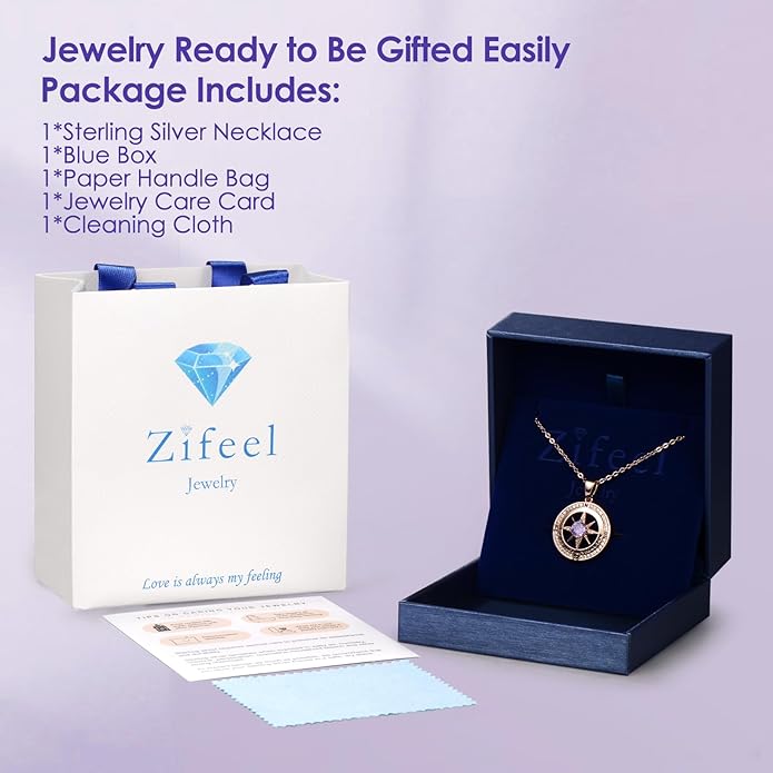 Compass Necklace Gifts for Women wife - S925 Sterling Silver Birthstone Necklaces for Women - Anniversary Birthday Gifts for Her Wife Girlfriend - Valentines Mom Mothers Day Christmas Gifts Jewelry for Women