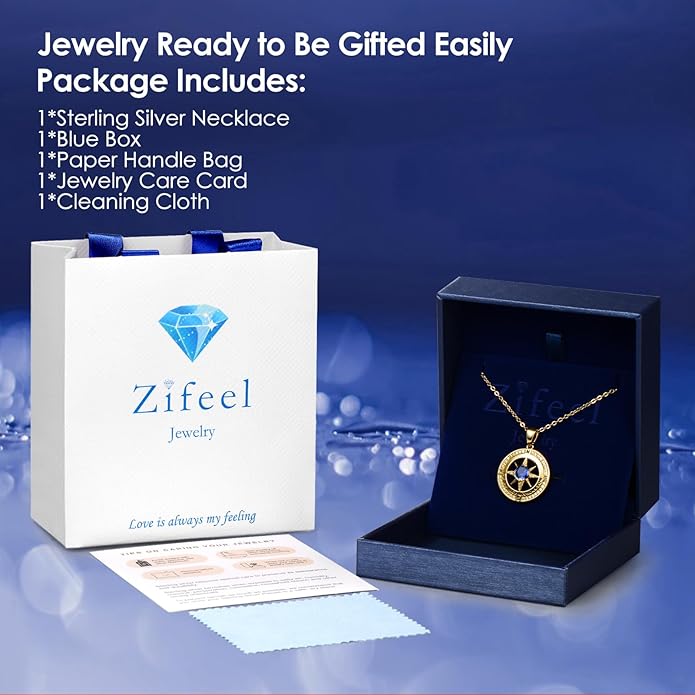 Compass Necklace Gifts for Women wife - S925 Sterling Silver Birthstone Necklaces for Women - Anniversary Birthday Gifts for Her Wife Girlfriend - Valentines Mom Mothers Day Christmas Gifts Jewelry for Women