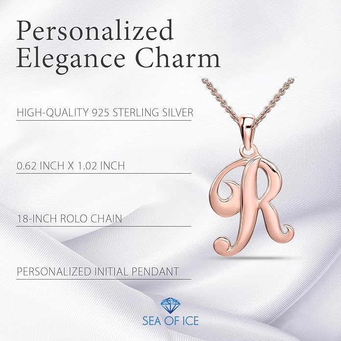 SEA OF ICE Letter Initial Necklace, Alphabet Letter Pendant Necklace, Sterling Silver, Gold, Rose Gold Necklace for Women, Elegant Initial Necklaces, Personalized Custom Women's Necklaces