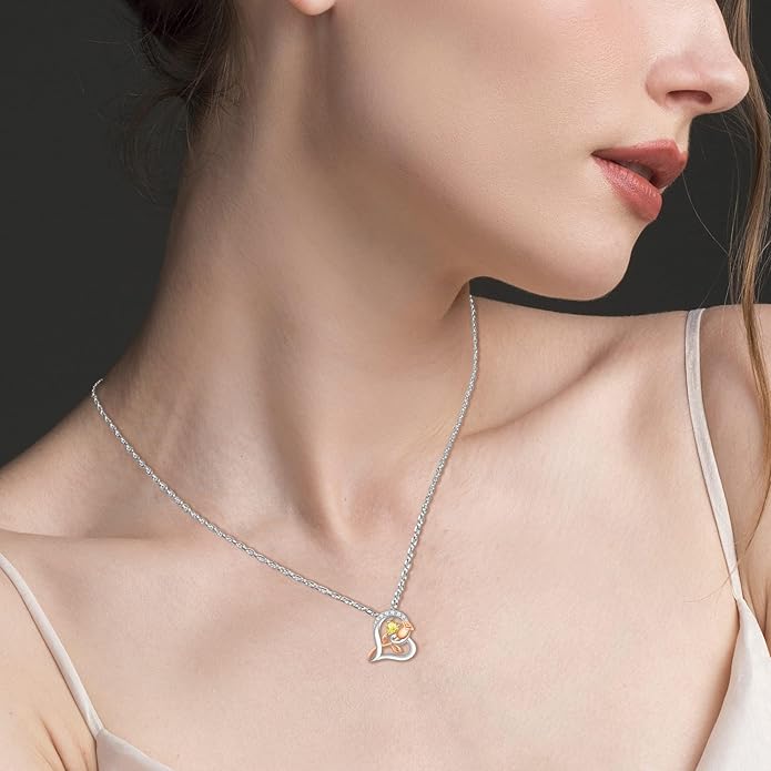 Rose Flower Heart Birthstone Necklaces for Women, 925 Sterling Silver Anniversary Jewelry, Pendant Heart Necklaces Birthday Anniversary Christmas Gift for Women Wife Mom Girlfriend Lady