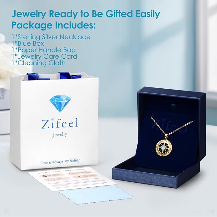 Compass Necklace Gifts for Women wife - S925 Sterling Silver Birthstone Necklaces for Women - Anniversary Birthday Gifts for Her Wife Girlfriend - Valentines Mom Mothers Day Christmas Gifts Jewelry for Women