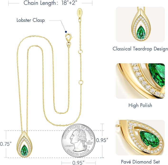 Kstyle 14K Gold Lab-Grown Moissanite/Emerald/Birthstone Pendant Necklaces for Women, Wife Girlfriend Daughter Mom Grandma Gifts, Dainty Birthday Jewelry for Her (925 Sterling Silver Base) Non Tarnish