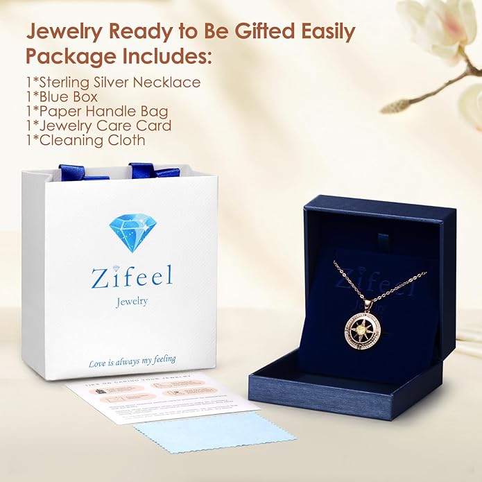 Compass Necklace Gifts for Women wife - S925 Sterling Silver Birthstone Necklaces for Women - Anniversary Birthday Gifts for Her Wife Girlfriend - Valentines Mom Mothers Day Christmas Gifts Jewelry for Women