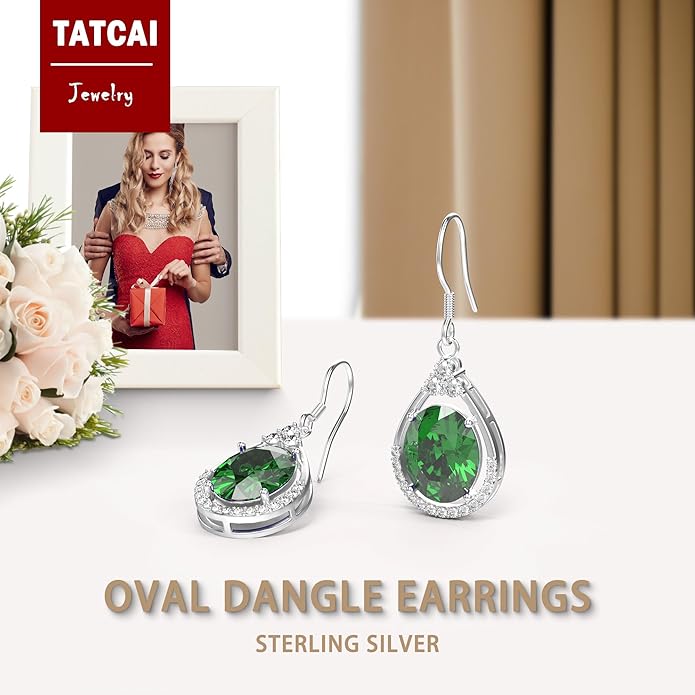 18K White Gold Plated Sterling Silver Oval Cut Cubic Zirconia Drop Dangle Earrings for Women Hypoallergenic Statement Earrings Gifts for Women Mom