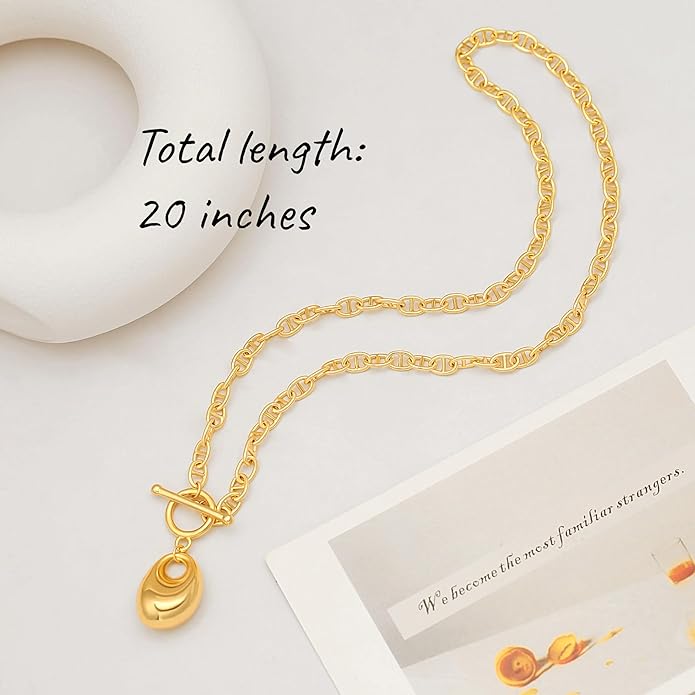 18k Gold Chain Link Necklace for Women, Baroque Pearl/Compass Pendant Necklace