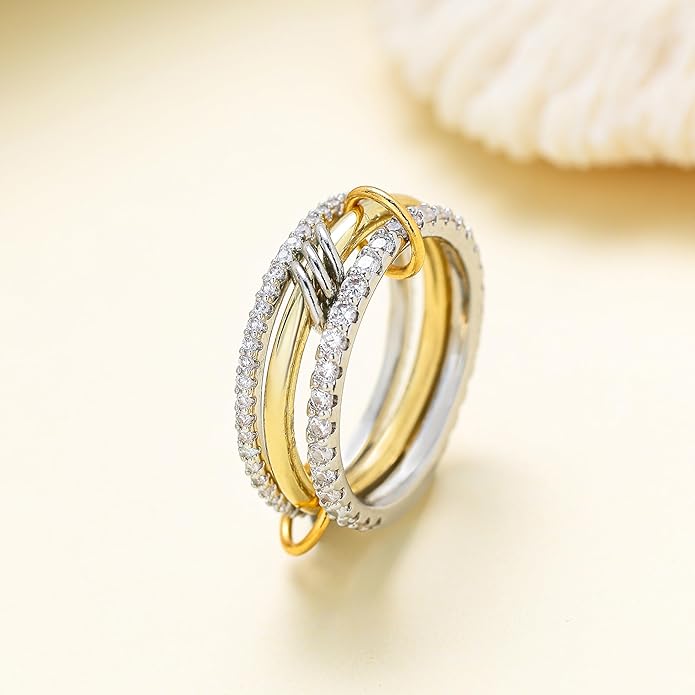 14K Gold Plated Interlocked Stackable Rings for Women Non Tarnish,Gold and Silver Cubic Zirconia Statement Rings Set,Mixed Metals Ring Two-Toned Connected Bands Stacking Jewelry