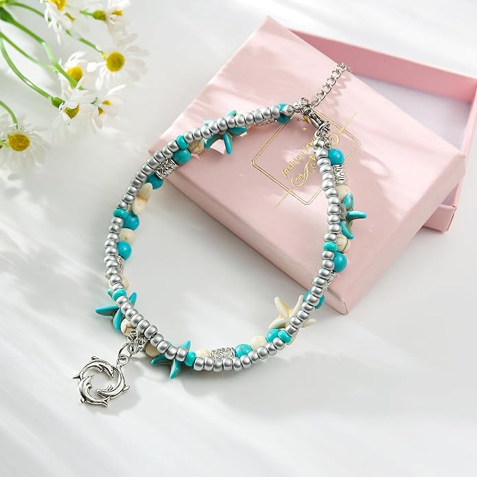 Starain Blue Turtle Anklets for Women Multilayer Beads Handmade Beach Ankle Bracelet Set Boho Foot Jewelry