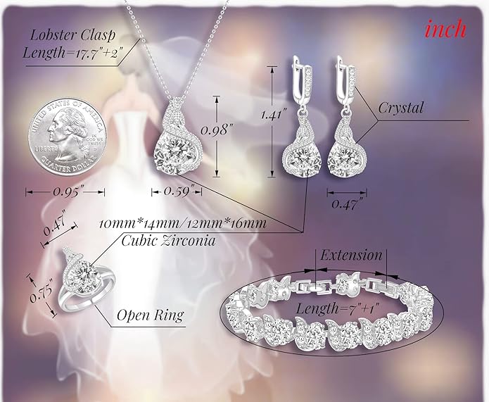 GZWHD Jewelry Set for Women Water Drop Cubic Zirconia Artificial Crystal Earrings Pendant Necklace Open Ring Tennis Bracelet Wedding Anniversary Birthday Engagement Gift for Bridesmaid Wife Girlfriend Friend