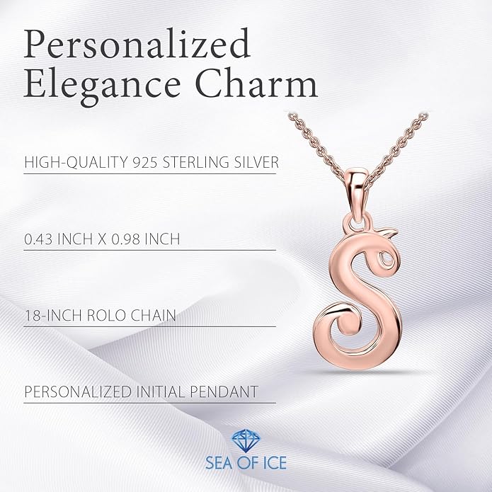 SEA OF ICE Letter Initial Necklace, Alphabet Letter Pendant Necklace, Sterling Silver, Gold, Rose Gold Necklace for Women, Elegant Initial Necklaces, Personalized Custom Women's Necklaces