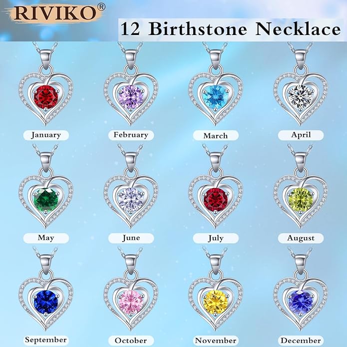 RIVIKO Heart Birthstone Pendant Necklace for Women 925 Sterling Silver Zirconia Necklaces Wedding Anniversary Birthday Mothers Day Jewelry Gifts For Her Mother Wife