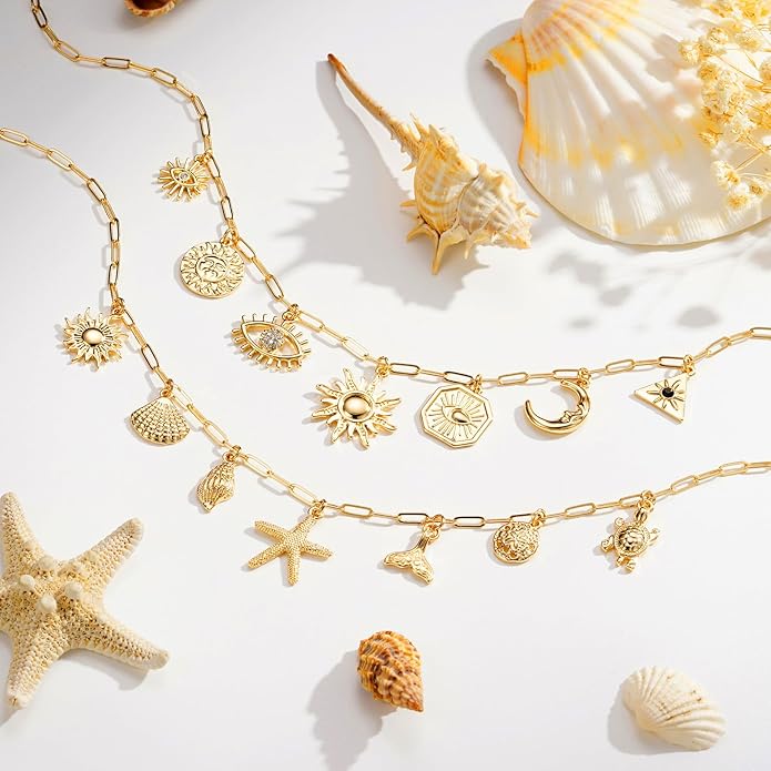 Charm Necklace for Women, 14K Gold Plated Shell Sun Starfish Summer Beach Necklace 16+3" Paperclip Chain Jewelry Gifts