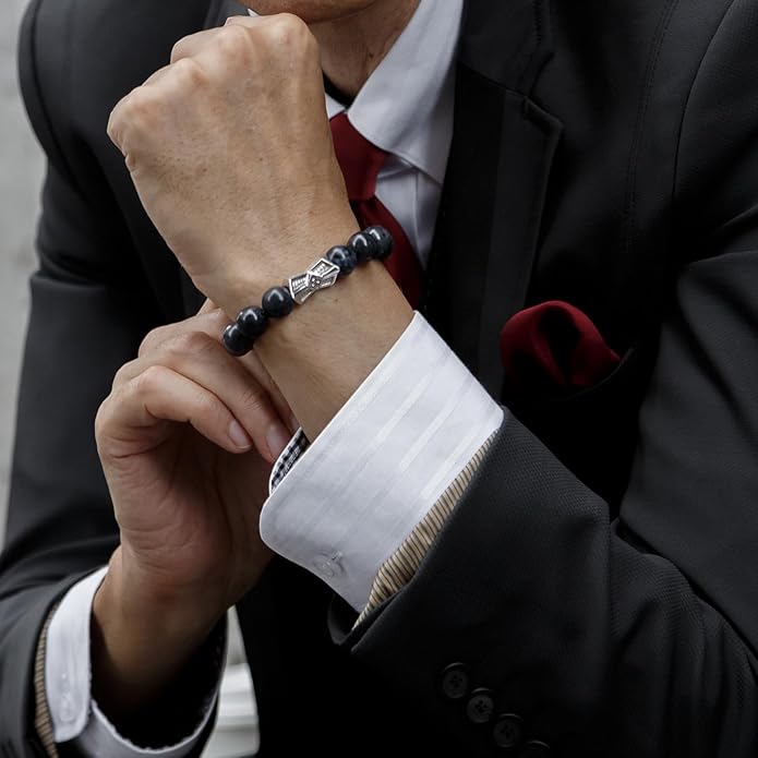 AWNL® Men's Beaded Bracelet with Sterling Silver Engraved Runes Charm 12mm Bronzite Dumortierite Obsidian Natural Gemstone Gift for Men, 6.1''-7.9''