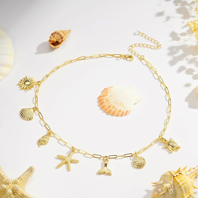Charm Necklace for Women, 14K Gold Plated Shell Sun Starfish Summer Beach Necklace 16+3" Paperclip Chain Jewelry Gifts