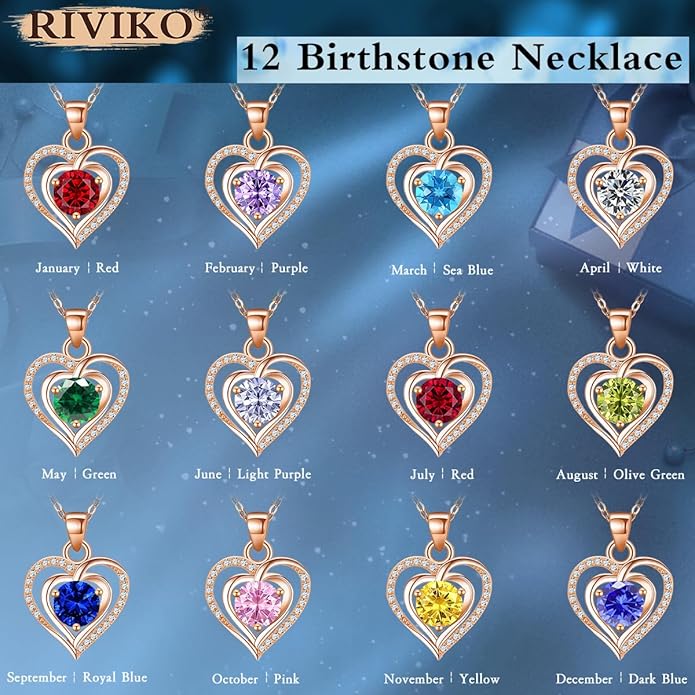 RIVIKO Heart Birthstone Pendant Necklace for Women 925 Sterling Silver Zirconia Necklaces Wedding Anniversary Birthday Mothers Day Jewelry Gifts For Her Mother Wife