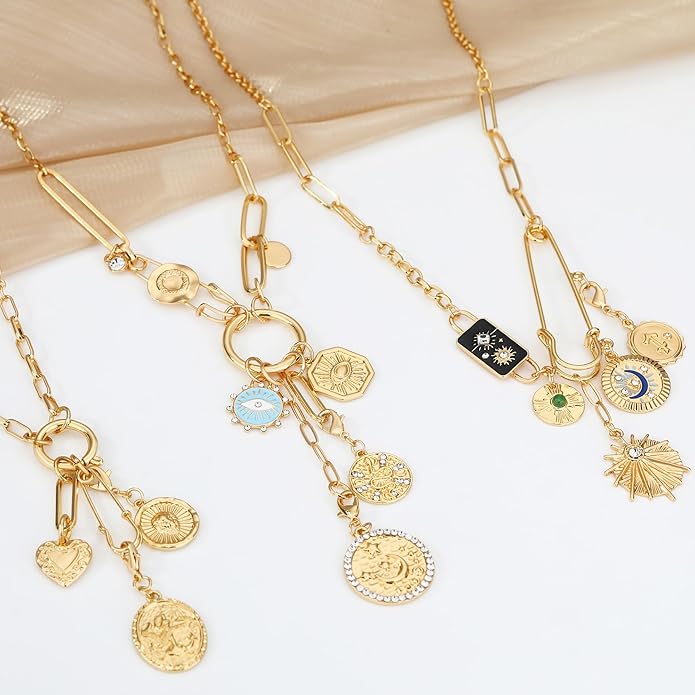 Charm Necklace for Women Gold Evil Eye Sun Moon Flower Coin Pendant Necklace Dainty Paperclip Chain Vintage Luck Amulet Choker Necklaces Celestial Jewelry Gift