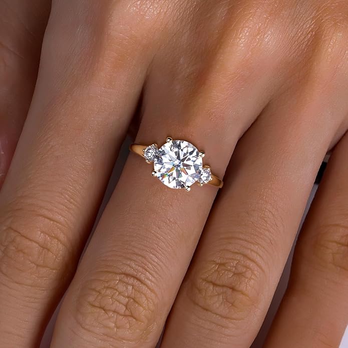 Solid 14K Gold 3.36ct Moissanite Three Stone Rings (3ct Center Stone), Round/Oval/Emerald Shape, Real Gold | D Color and Flawless Moissanite | Wedding Anniversary Ring