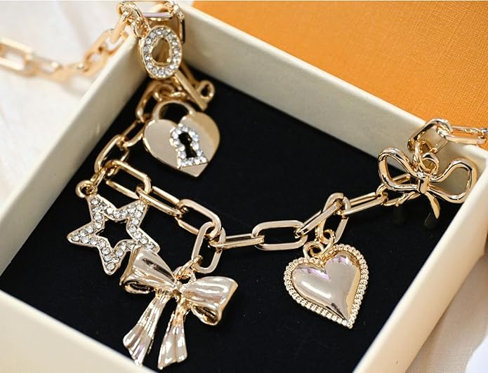 Gold Charm Necklaces for Women, 18K Gold Plated Bow Pendant Necklace Gold Heart Chain Aesthetic Star Jewelry