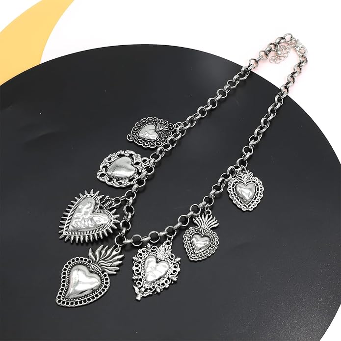 Chunky Retro Heart Necklace for Women Antique Layer Beach Ocean Moon Stars Western Boho Charm Necklaces Retro Link Chain Jewelry