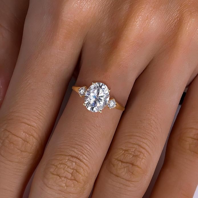 Solid 14K Gold 3.36ct Moissanite Three Stone Rings (3ct Center Stone), Round/Oval/Emerald Shape, Real Gold | D Color and Flawless Moissanite | Wedding Anniversary Ring