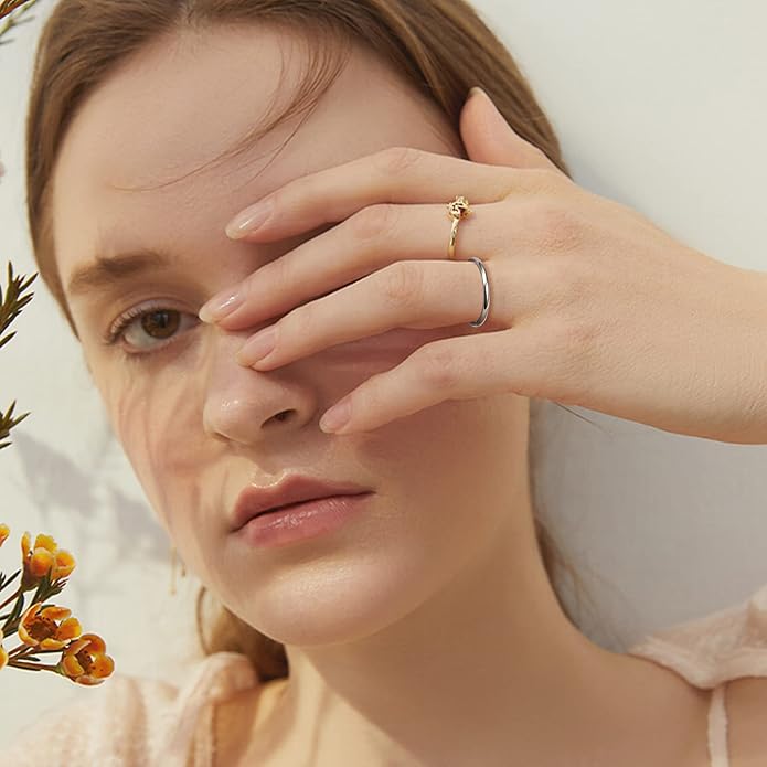 LOYALLOOK 1.5mm 14K Gold Filled Stacking Rings for Women - Stainless Steel Plain Thin Knuckle Thumb Statement Midi Band Rings - Comfort Fit Silver/Gold/Rose Tone, 3PCS