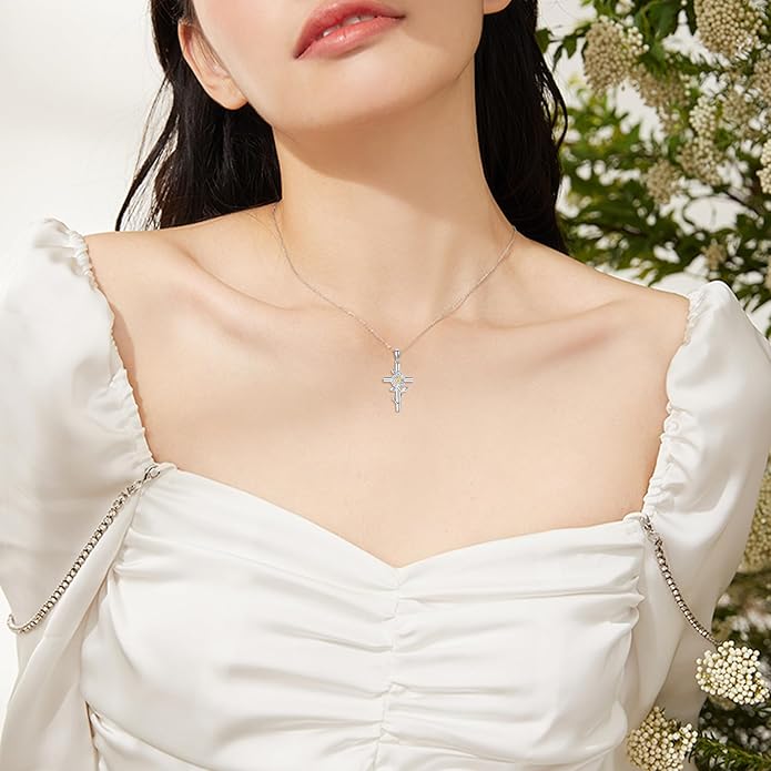 Flower Cross Necklace 925 Sterling Silver Carnation/Rose/Lily/Daisy Cross Necklace Birth Flower Jewelry for Women