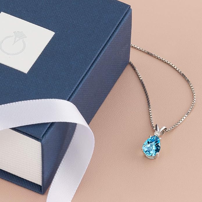 PEORA 14K White Gold Swiss Blue Topaz with Diamond Pendant for Women, Natural Gemstone Teardrop Solitaire, 2.30 Carats total Pear Shape 10x7mm, Blue Gemstone Necklace,